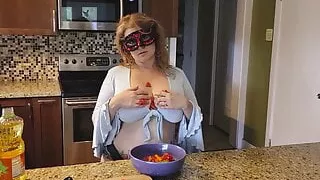 Crushing Food and RUBBING it onto My BIG MILF’S TITS