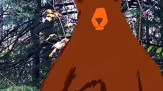 A naked Bear in the woods. Live action and cartoon.