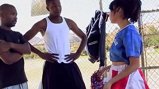 Asian teen May Lee has threesome sex with two big cocks