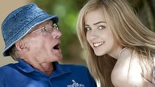 Beautiful teen sucks grandpa outdoors and she swallows it all