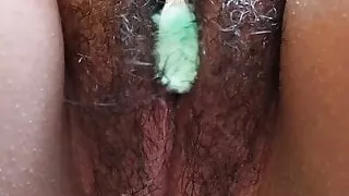 Hairy Latina playing with vibrating toothbrush p 1