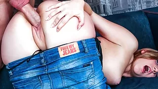 Blonde slut in tight jeans has her wet tight pussy ripped by big dick