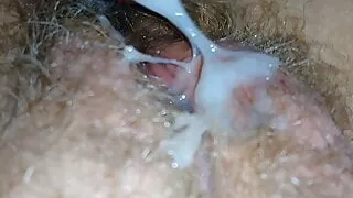 Fuck and cum on hairy pussy