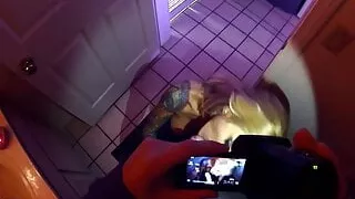 pornstar sarah jessie gives a blowjob  in the bathroom