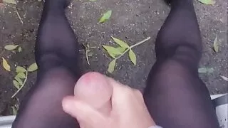 Big cum squirt after long masturbation in opaque tights