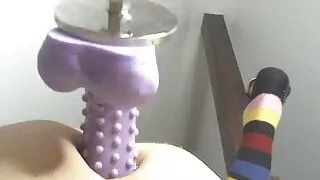 Anal fucking machine with 9 inch hedgehog dildo