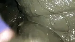 Mud play outdoors crossdressed nylon pantyhose and leotard.