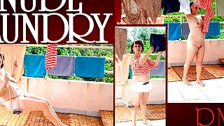 Naked laundry. The maid is drying clothes in the laundry.