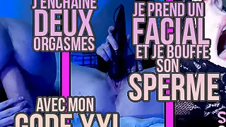FR I chain 2 orgasms with my XXL dildo and I get a facial