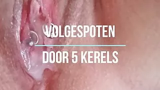 Fingering her pussy after getting creampied by 5 guys