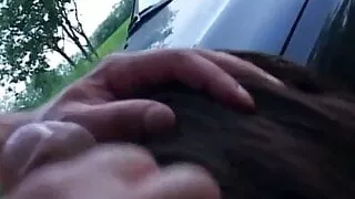 Sexy brunette fucked in threesome on the hood of the car