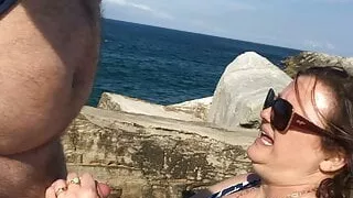 BBW sucking cock at the beach
