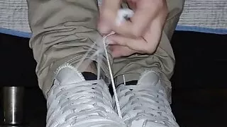 salesman shows his feet after a long day of work