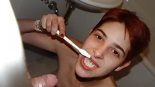 Washing her teeth with Cum and Piss
