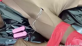 Zentai self bondage – double vibrator masturbation