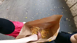 Public double handjob in the fries bag... I'm jerking it!