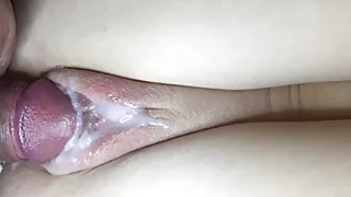 Jerking off on a cute pussy and cumming on her pink pussy lips