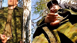 Russian SOLDIER in the forest JERKING off a military dick