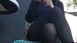 Join me for coffee in skirt and stockings!