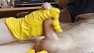 fat girl jerks off my cock in gloves and with oil #2