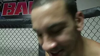 Skinny tattooed blonde with small tits fucks in a boxing ring