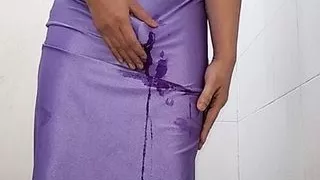 Masturbating wearing purple spandex longdress