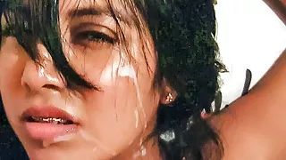 Daily facial cum bath for Latina amateur – great skin care