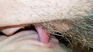He licks his cum out of my fucked pussy