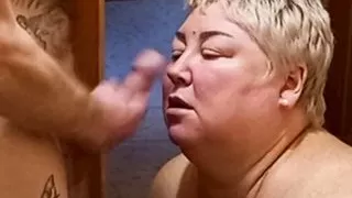 jerking cock, cum in mouth, bbw girl