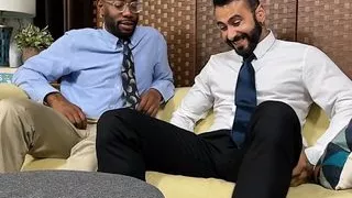 Black gay worships his buddies feet while he jerks off dick