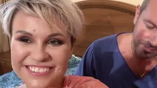 Short haired babe blowing and getting stuffed in both holes