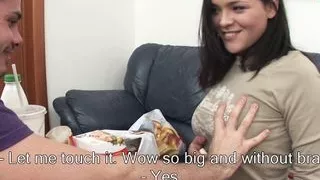 Anal porn with a busty brunette slut and with milk and food