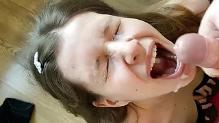 College girl gives sensual blowjob and get load on her face