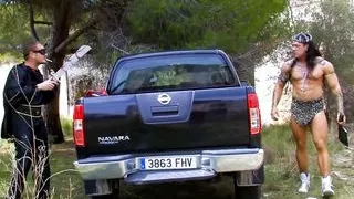 Blond in lingerie gets pussy licked and rides cock outdoors