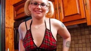 Blonde in stockings fucked in kitchen takes cucumber dildo