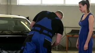 Stockinged cutie fucking in the garage