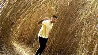 Sunbathing brunette lets stranger fuck her tied pussy