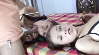 Teen sluts share cock in dirty threesome