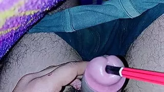 School boy morning time play with cock using pencil