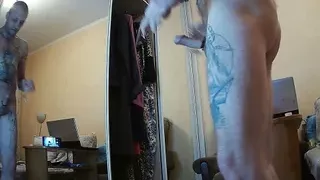 naked wife fingering my cock in front of the mirror 2