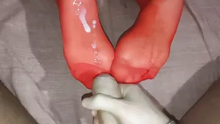 Hot MILF loves foot fetish in red stockings