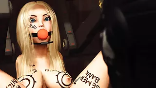 Eine gefesselte Blondine wird von einer muskulösen Hardcore-Frau hart gefickt