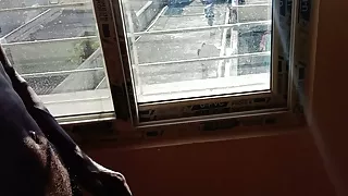 Rajesh masturbating, flashing dick to auntys from window