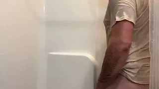 Showering and stroking in a tshirt