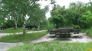 Delicious blonde sucking and fucking two big cocks