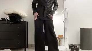 Satin silk jumpsuit and blazer jacket on sissy tranny slut