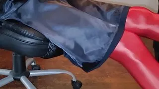 Blue lined office skirt with red shiny pantyhose