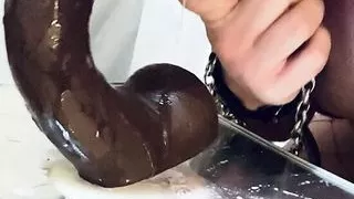 Deepthroating a big black cock really sloppy gagging