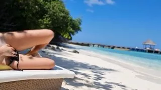 Without panties on Beach hot touching pussy