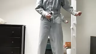 Jeans jumpsuit and high heels on sissy crossdresser slut